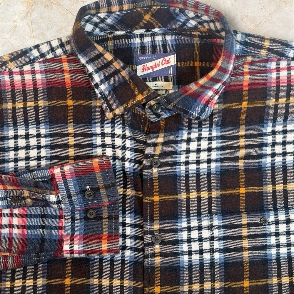 Johnnie-O Kemper Flannel Shirt Mens M Madras Plaid Hangin' Surfer Skater Grunge